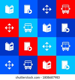 Set Open book, Audio, Pixel arrows in four directions and Bus icon. Vector.