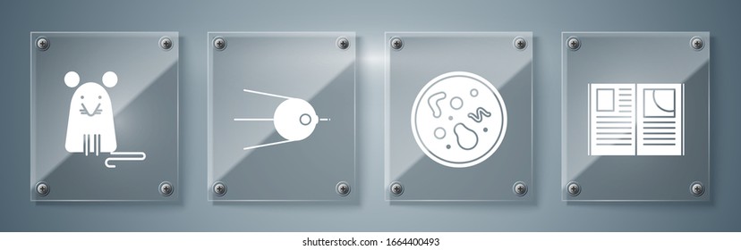Set Open book, Bacteria, Satellite and Rat. Square glass panels. Vector