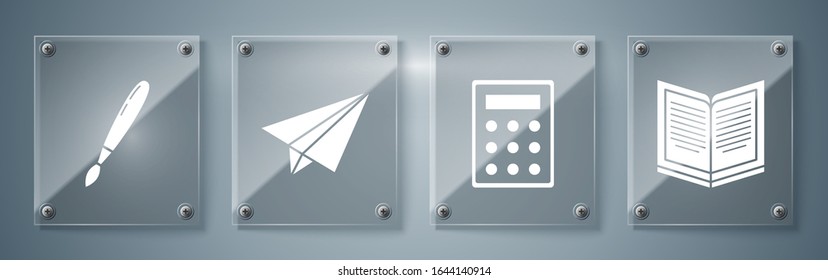 Set Open book, Calculator, Paper airplane and Paint brush. Square glass panels. Vector