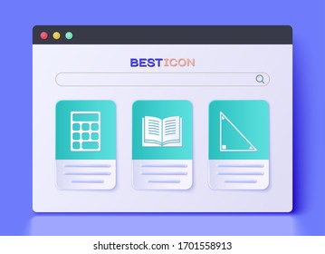 Set Open book, Calculator and Triangle math icon. Vector