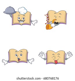Set of open book character with chef trumpet surprised tongue out