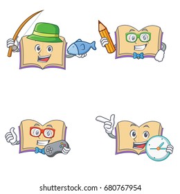 Set of open book character with fishing student gamer clock