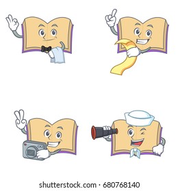Set of open book character with waiter menu photo binocular