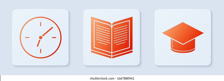 Set Open book, Clock and Graduation cap. White square button. Vector
