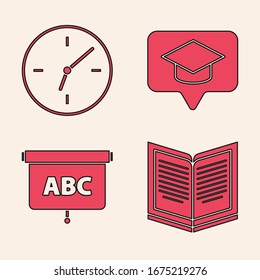 Coloque el libro abierto, Reloj, tapón de graduación en burbuja de voz e icono del tablero de anuncios. Vector