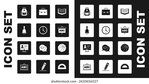 Set Open book, Clock, Ringing bell, School backpack, Chalkboard, Briefcase, Basketball ball and Online class icon. Vector