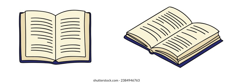 Set of open book colored outline. Doodle open book with color. Hand drawn vector illustration.
