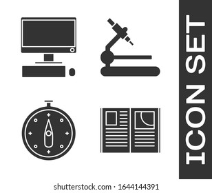 Set Open book, Computer monitor with keyboard and mouse, Compass and Microscope icon. Vector