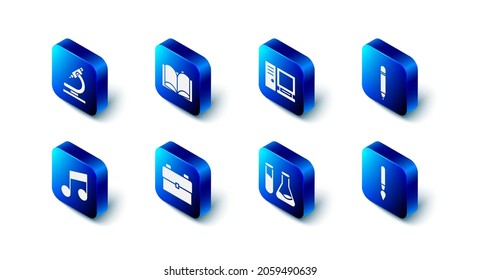 Set Open book, Computer monitor, Pencil with eraser, Paint brush, Test tube and flask, School backpack, Music note, tone and Microscope icon. Vector