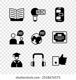 Set Open book, Creative lamp light idea, New chat messages notification, Graduate and graduation cap, Headphones, Hand like, Two sitting men talking and Learning foreign languages icon. Vector