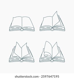 Set of Open Book with Different Page Styles, Minimalist Line Art. Perfect for Education, Literature, and Reading Themes.
