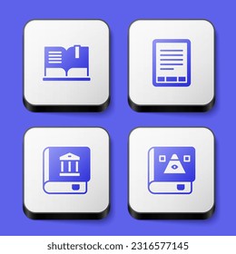 Set Open book, E-Book reader, Law and Ancient magic icon. White square button. Vector