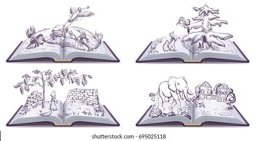 Set Open Book Fable Illustration. Vector Drawing