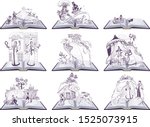 Set open book fairy tale illustration. Set of books to read at school. Isolated on white vector cartoon illustration