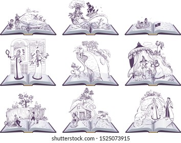 Set open book fairy tale illustration. Set of books to read at school. Isolated on white vector cartoon illustration