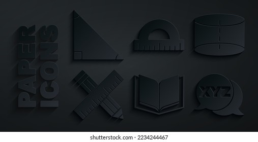 Set Open book, Geometric figure Cylinder, Crossed ruler and pencil, XYZ Coordinate system, Protractor and Triangle math icon. Vector