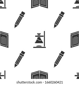 Set Open book, Glass test tube flask on fire and Pencil with eraser on seamless pattern. Vector