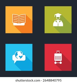 Set Open book, Graduate and graduation cap, Learning foreign languages and Suitcase icon. Vector