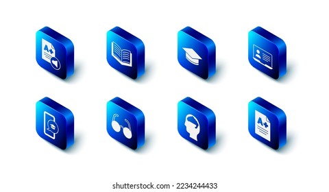 Set Open book, Graduation cap, Online class, Exam sheet with A plus grade, Human brain, Glasses, mobile and  icon. Vector