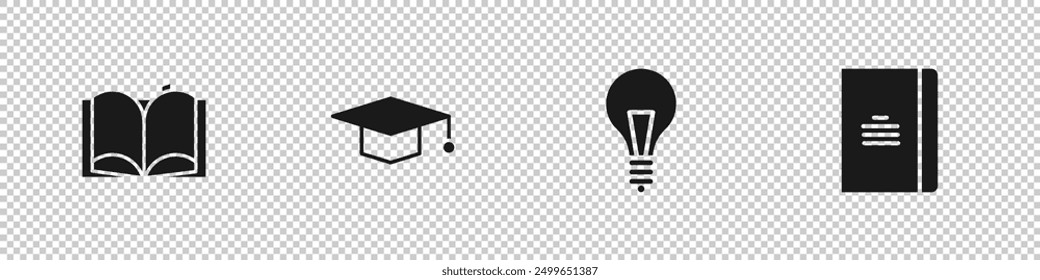 Set Open book, Graduation cap, Light bulb with concept of idea and Spiral notebook icon. Vector