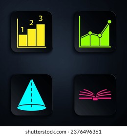 Set Open book, Graph, schedule, chart, diagram, Geometric figure Cone and Graph, schedule, chart, diagram. Black square button. Vector