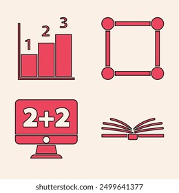 Set Open book, Graph, schedule, chart, diagram, Geometric figure Square and Equation solution icon. Vector