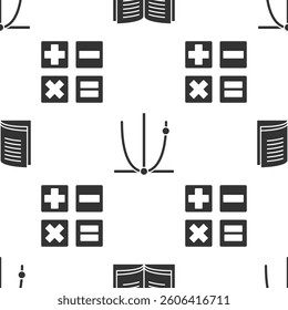 Set Open book, Graph, schedule, chart, diagram and Calculator on seamless pattern. Vector