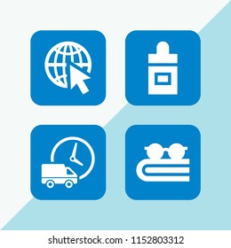 set with open book, healthcare and medical, logistics delivery truck and clock and sphere vector icons for web and mobile app