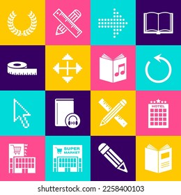Set Open book, Hotel building, Refresh, Dots arrow, Pixel arrows four directions, Tape measure, Laurel wreath and Audio icon. Vector