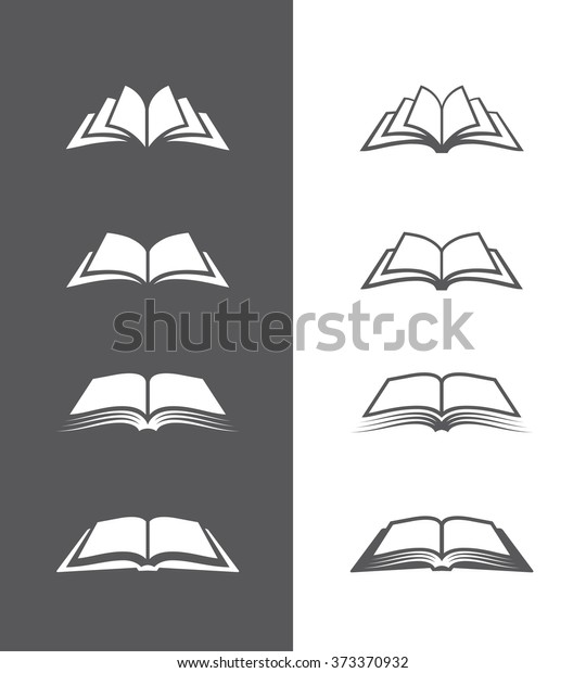 白黒の背景に開いた本のアイコンのセット 本屋 店舗 図書館 教育 学習コンセプトなどのロゴとして使用できます のベクター画像素材 ロイヤリティフリー