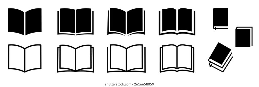 Set of open book icons with paper pages in line and silhouette style.
Vector illustration.