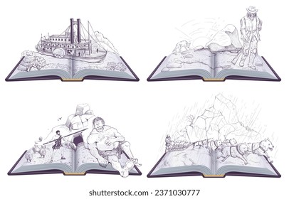 Set open book illustration education read literature story library. Cartoon drawing