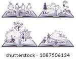 Set open book illustration musketeers, Tom Sawyer and Don Quixote. Vector isolated on white