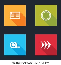 Set Open book, Laurel wreath, Roulette construction and Arrow icon. Vector