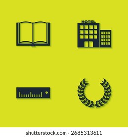 Libro abierto, corona de Laurel, Regla y icono de edificio del hotel. Vector