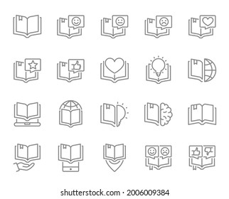 Set von Symbolen für offene Buchlinien. Brainstorm, Liebestagebuch, bestes Buch, Enzyklopädie, gute Literatur und mehr.