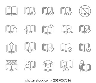 Set von Symbolen für offene Buchlinien. E-Book, Web-Bibliothek, Online-Anleitung, Buchüberführung und mehr.