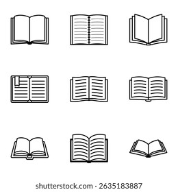 Conjunto de ícones abertos de livro e bloco de anotações em estilo de estrutura de tópicos para fins de educação e leitura. Ilustração de vetor plano 