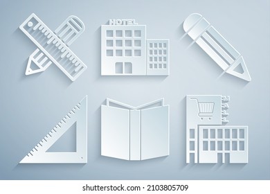 Set Open book, Pencil, Triangular ruler, Mall or supermarket building, Hotel and Crossed and pencil icon. Vector