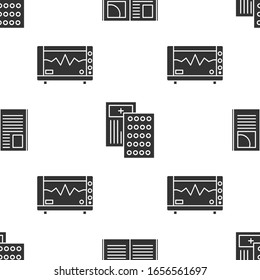 Set Open book, Pills in blister pack and Computer monitor with cardiogram on seamless pattern. Vector