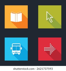 Set Open book, Pixel arrow cursor, Bus and Dots icon. Vector