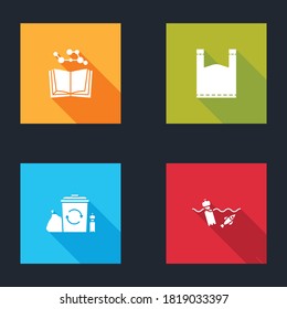 Set Open book, Plastic bag, Recycle bin with recycle and Problem pollution of the ocean icon. Vector.