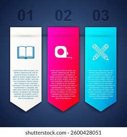Set Open book, Roulette construction and Crossed pencil. Business infographic template. Vector