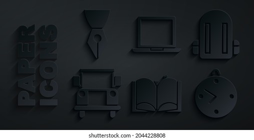 Set Open book, School backpack, Bus, Clock, Laptop and Fountain nib icon. Vector
