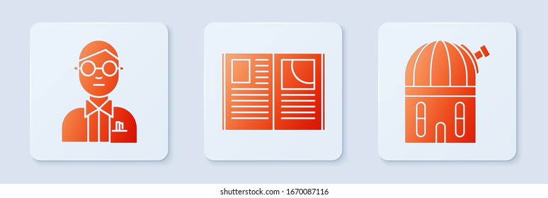 Set Open book, Scientist and Astronomical observatory. White square button. Vector