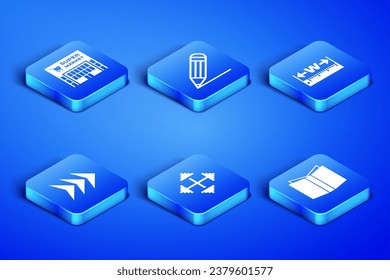 Set Open book, Supermarket building, Pixel arrows four directions, Arrow, Pencil and line and Measuring height length icon. Vector