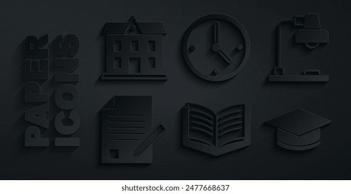 Set Open book, Table lamp, Exam sheet and pencil, Graduation cap, Clock and School building icon. Vector