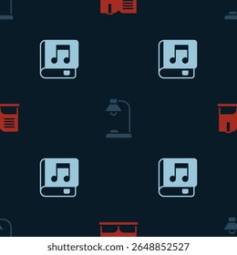 Set Open book, Table lamp and Audio on seamless pattern. Vector