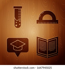 Set Open book, Test tube and flask chemical laboratory, Graduation cap in speech bubble and Protractor grid for measuring degrees on wooden background. Vector