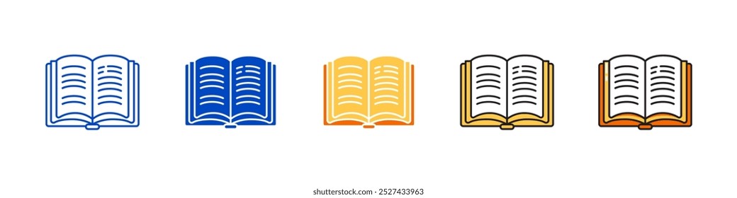Conjunto de ícones de vetor de livro aberto com contorno, estilos planos e coloridos para símbolos de ciência, aprendizagem, educação e produtividade.